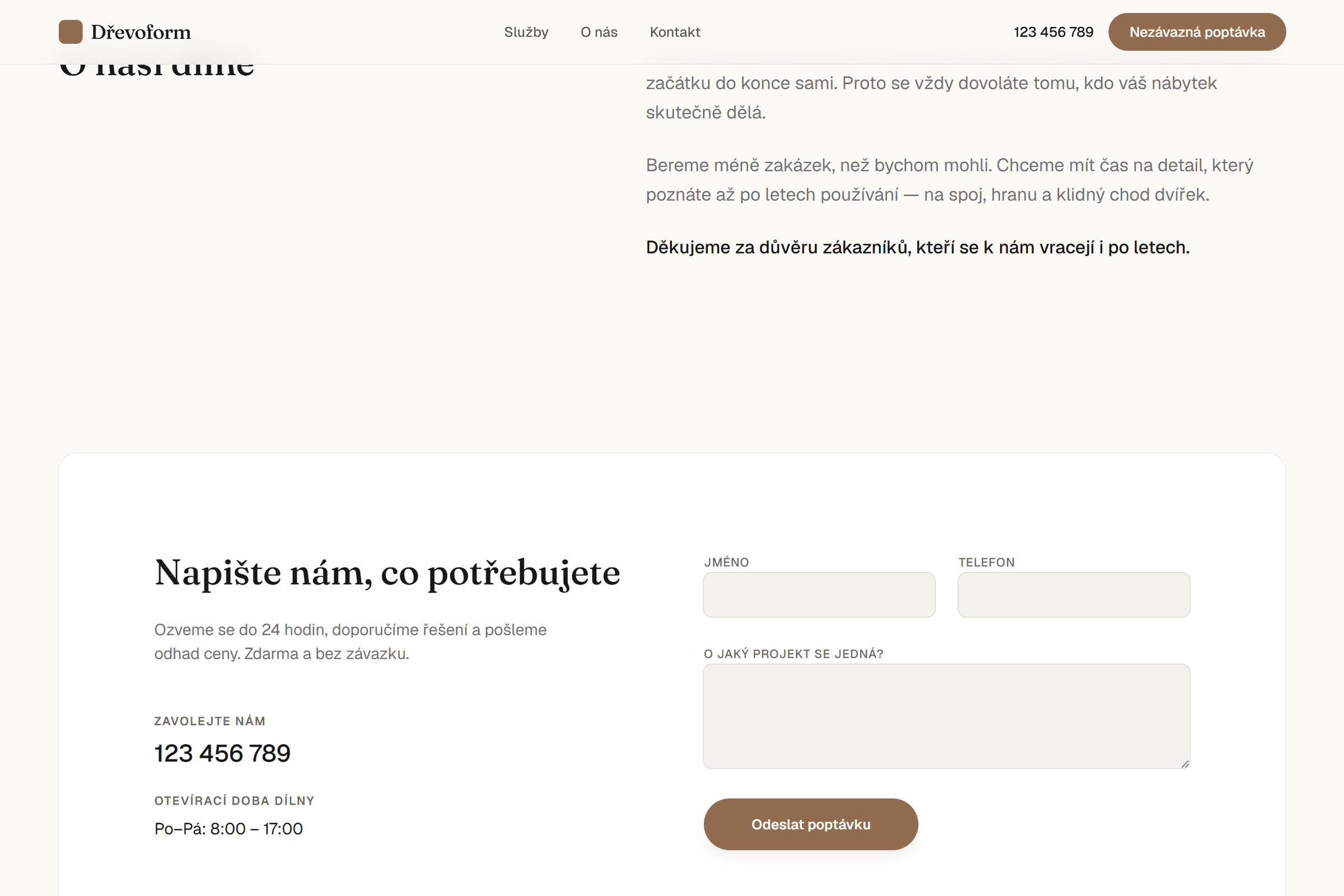 Sekce o dílně: text o třech lidech, kteří vedou zakázku od začátku do konce