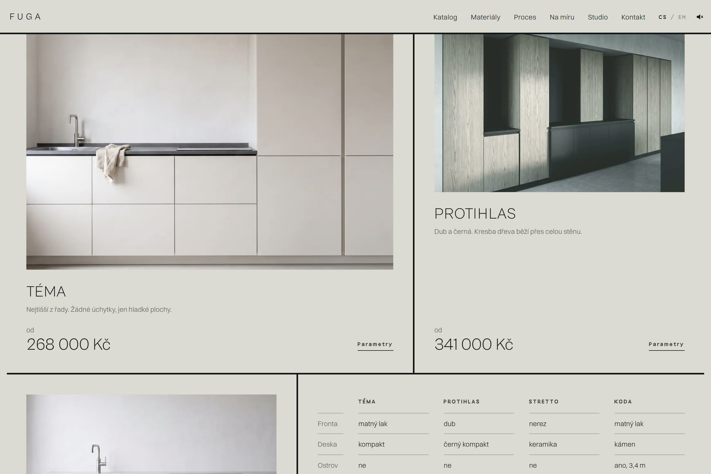 Catalogue: four models at fixed prices, the flagship KODA across the full width