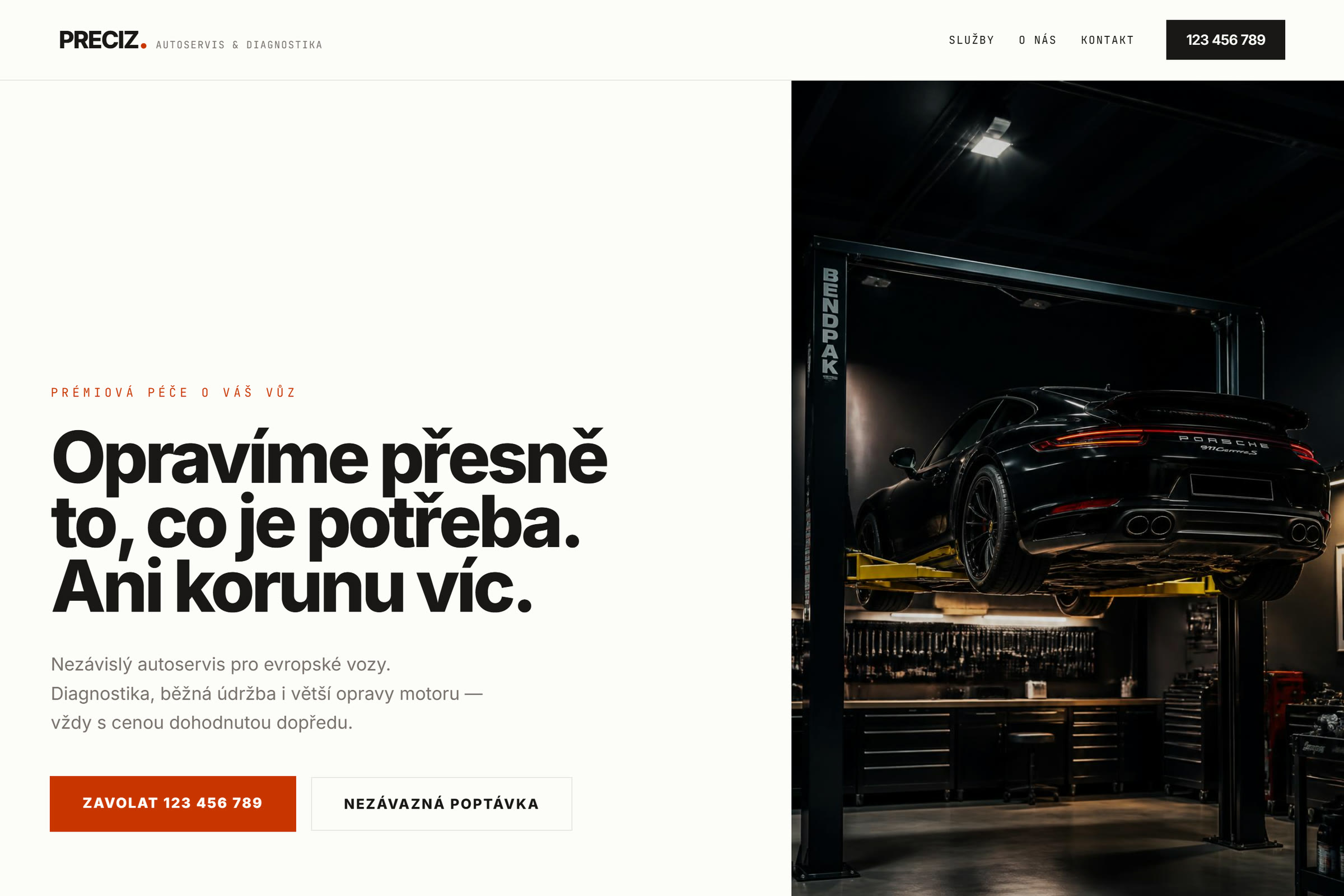 Úvod webu Preciz.: nadpis Opravíme přesně to, co je potřeba. Ani korunu víc.