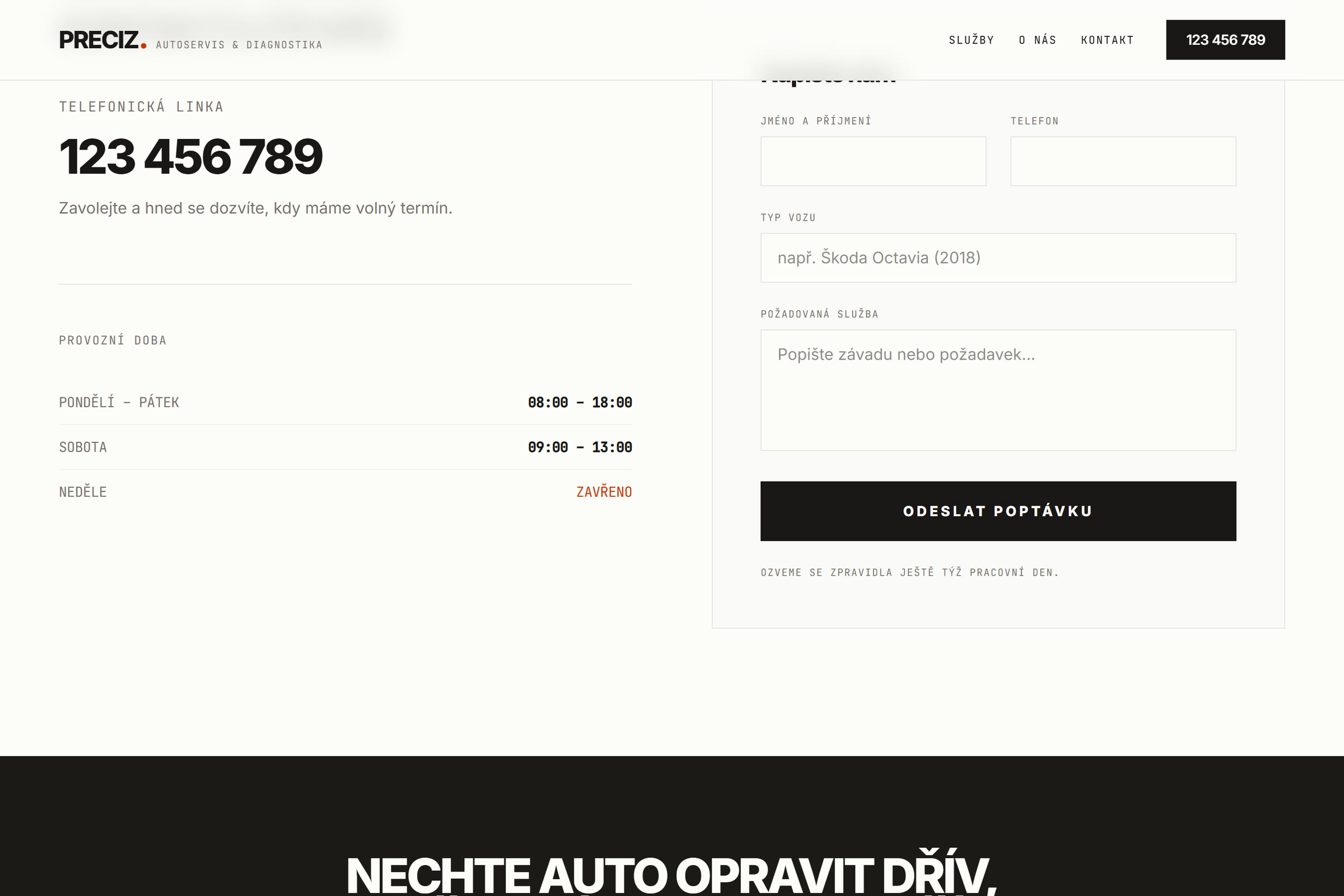 Kontaktní sekce s telefonem, otevírací dobou a formulářem